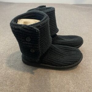 UGG Knit Boots Womens Size 6 Black Wool Blend Button Mid Calf Winter 1017328K